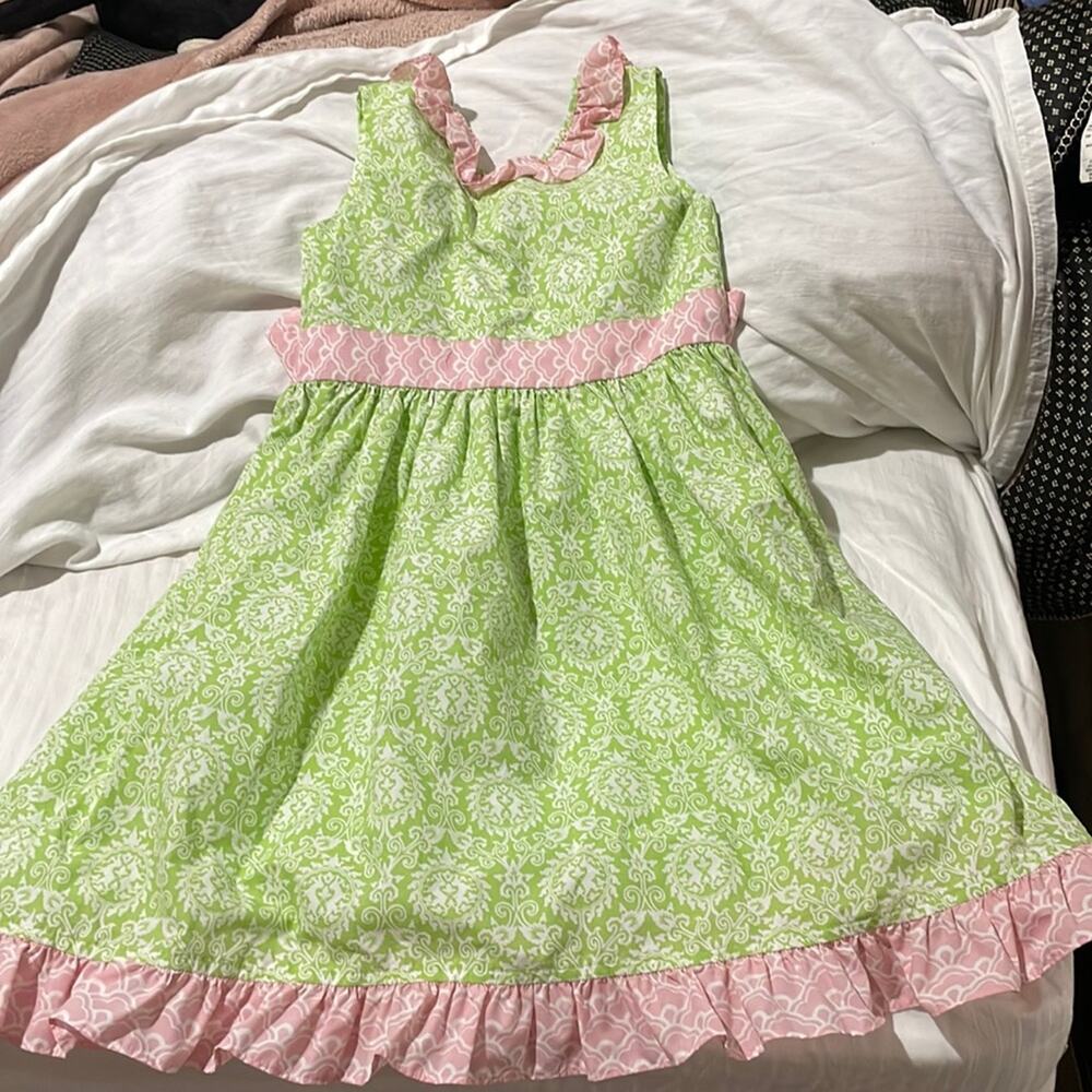 Shrimp & Grits kids 7 preppy southern pink lime white ruffled dress euc like new
